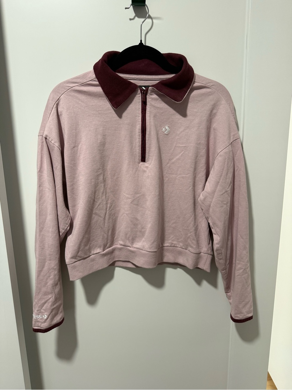Converse Pink Cropped Half-Zip Sweater with Maroon Collar